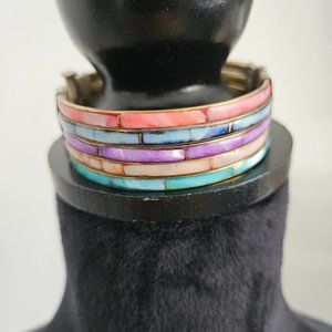 Vintage Gold Brass Mother Of Pearl Multi Color Cuff Bracelet With Pin Clasp